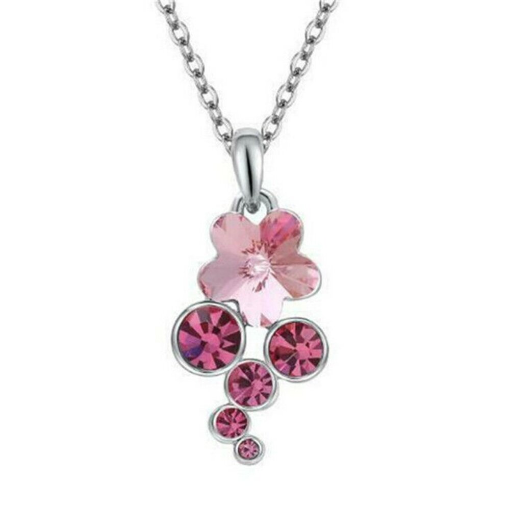 Necklace Silver Tone Rose Plum Rhinestone Drop Pendant Fashion Necklace